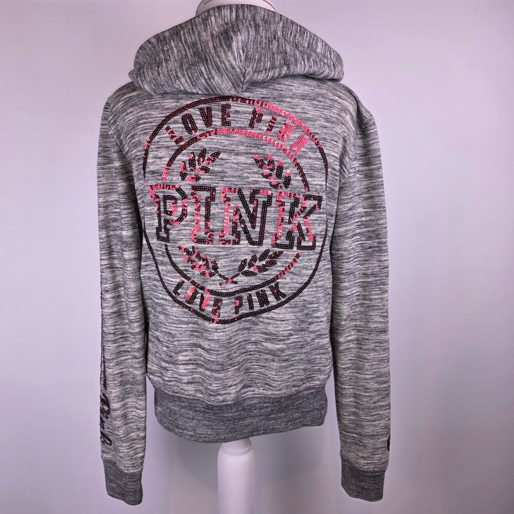 Victoria's Secret PINK Hoodie Grey Marbled Sequin Logo Zip Up Sweatshirt Small